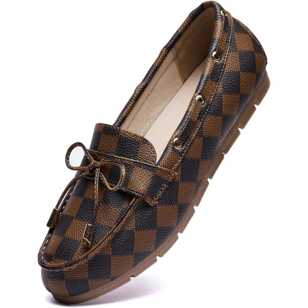 Womenās Black Grid Polyurethane Comfortable Casual Slip On Loafer Flat Shoes
